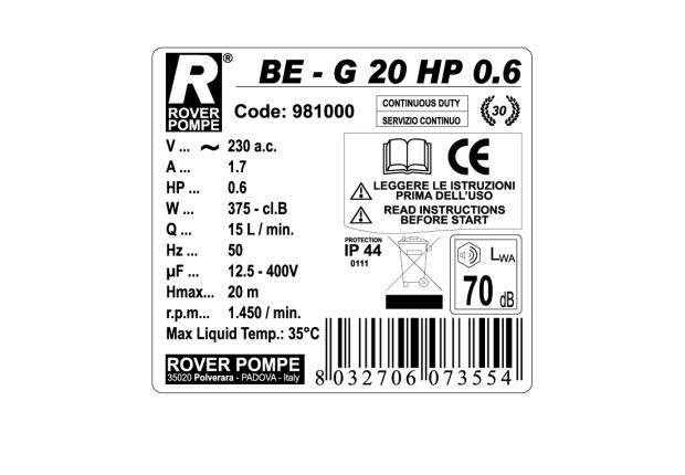 Насос для перекачки масла Rover Pompe ВЕ G 20 HP 0.6 (15 л/мин, 220В)