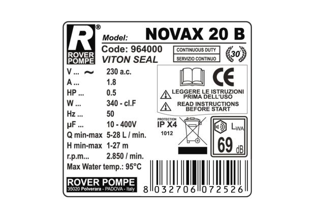 Насос для перекачки топлива Rover Pompe NOVAX 20B (до +90C, 28 л/мин, 220В) , гсм, нефтепродуктов, антифризов, жидких масел, вина, сока