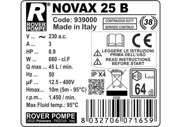Насос для перекачки топлива Rover Pompe NOVAX 25B (до +90C, 45 л/мин, 220В) , гсм, нефтепродуктов, антифризов, жидких масел, вина, сока